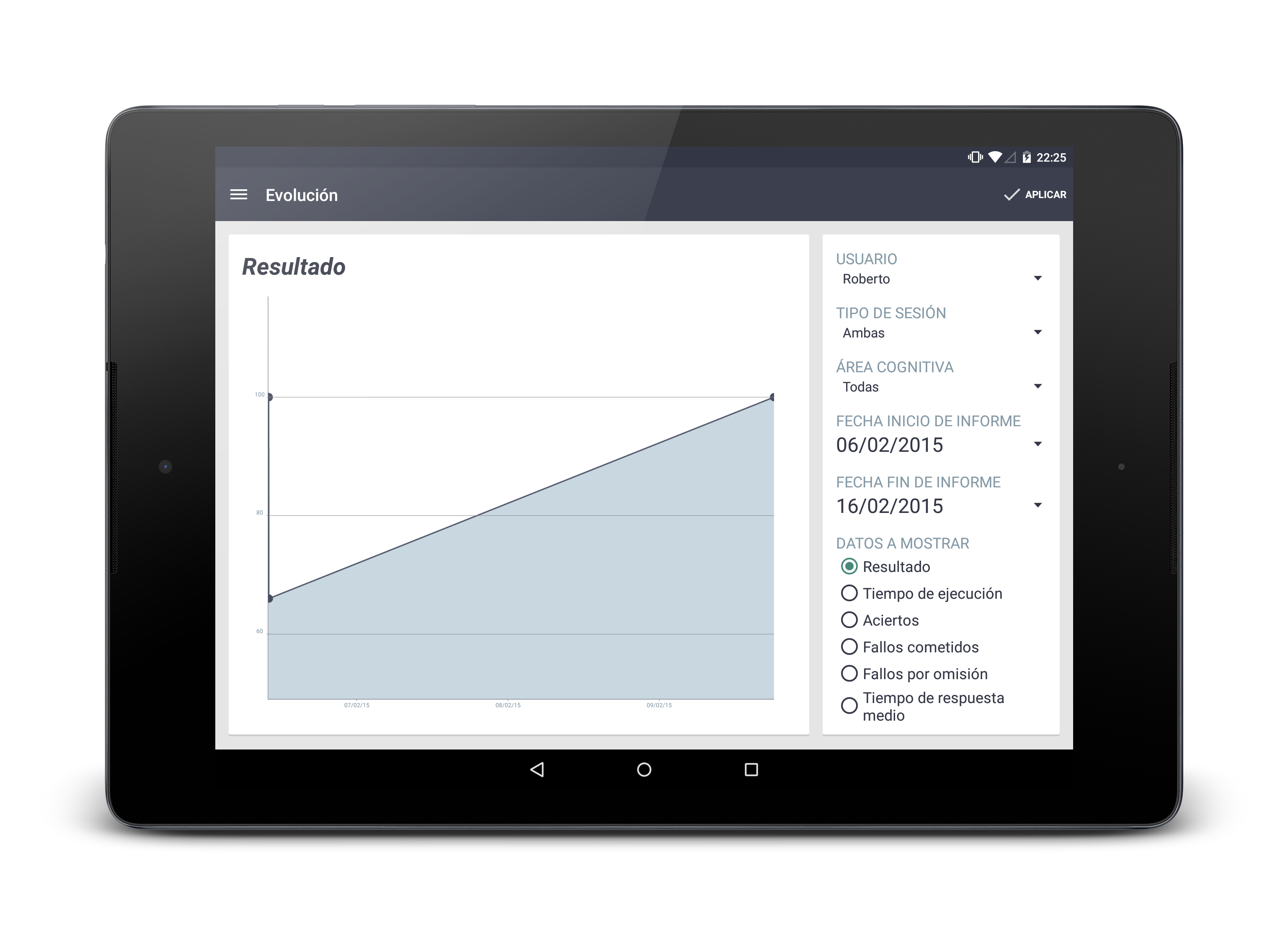 Módulo de explotación de datos Módulo de explotación de datos | Desde este módulo podrá consultar, de forma detallada, resultados de las sesiones y gráfica de evolución. Podrá filtrar por usuario, fecha, función cognitiva…