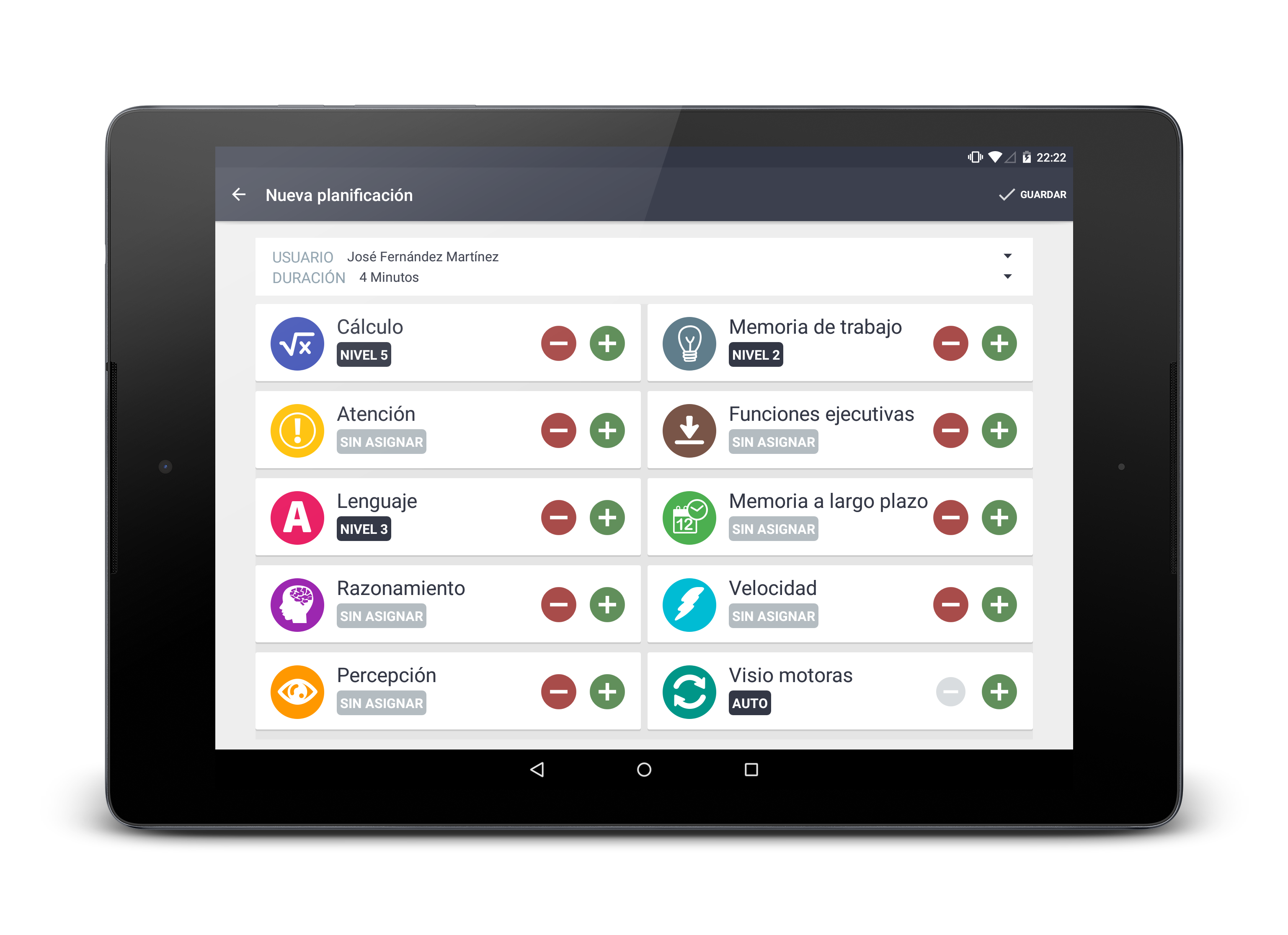 Planificador de sesiones Planificador de sesiones | De manera personalizada para cada usuario, podrá seleccionar las funciones cognitivas con las que desea trabajar y su nivel. Stimulus se encargará de lo demás.