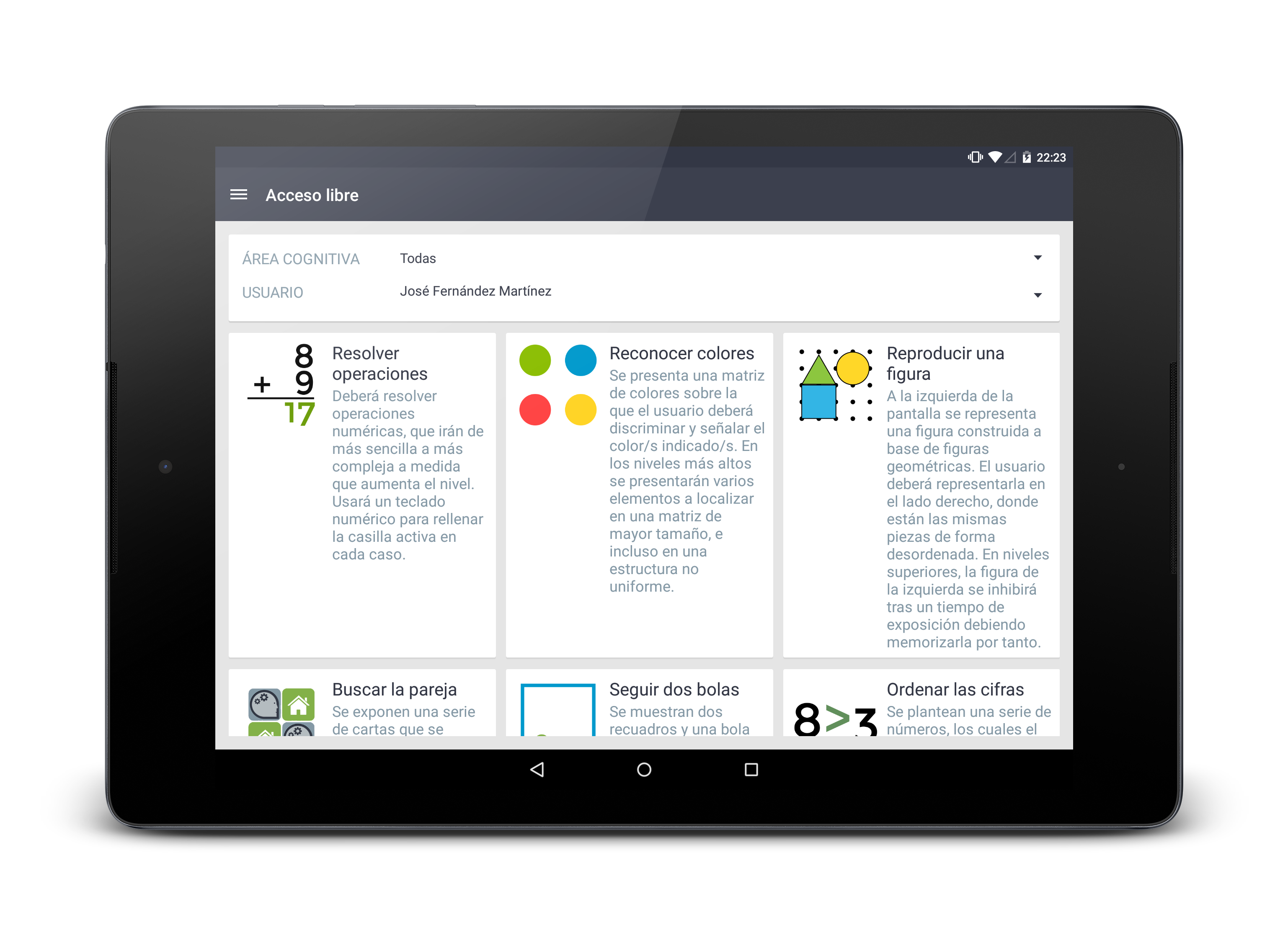 Set de ejercicios Set de ejercicios | Posibilidad de ejecutar cualquiera de los múltiples ejercicios ordenados por función cognitiva, pudiendo seleccionar hasta 10 niveles de dificultad. Además, se incluye el nivel “Auto” con el que Stimulus adapta la dificultad de cada ejercicio a la experiencia del usuario gracias a la gestión inteligente de resultados.