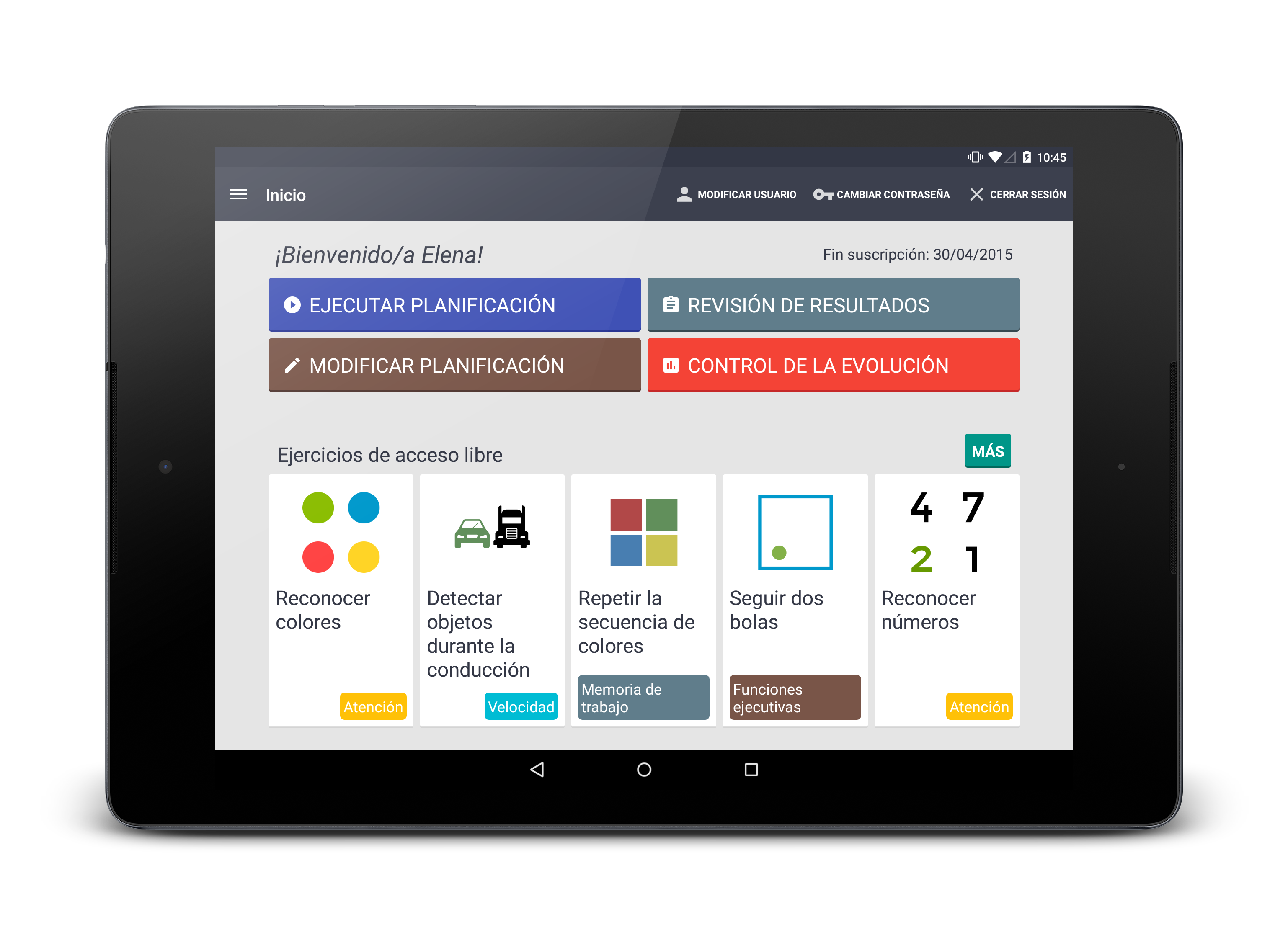 Pantalla principal | Desde la pantalla principal podrá realizar las funciones principales de Stimulus Home: editar información de su cuenta de usuario, crear/editar/ejecutar planificación, consultar resultados y evolución o ejecutar ejercicios.